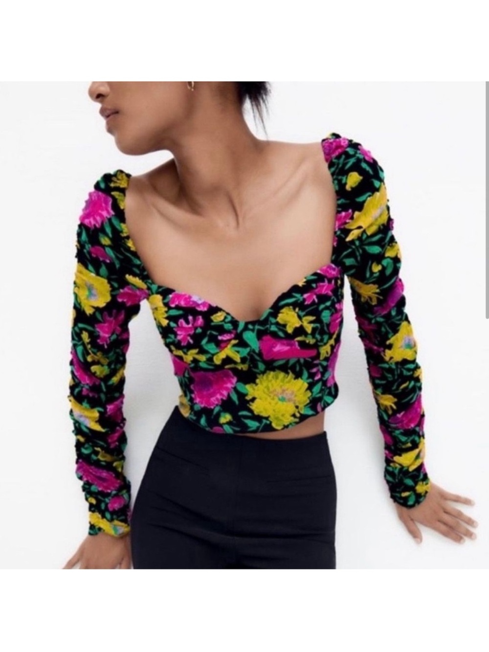 Zara Black Floral Sweetheart Crop Top with Pink & Yellow Blooms